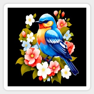 Cute Blue Bird Surrounded by Bold Vibrant Spring Flowers Sticker